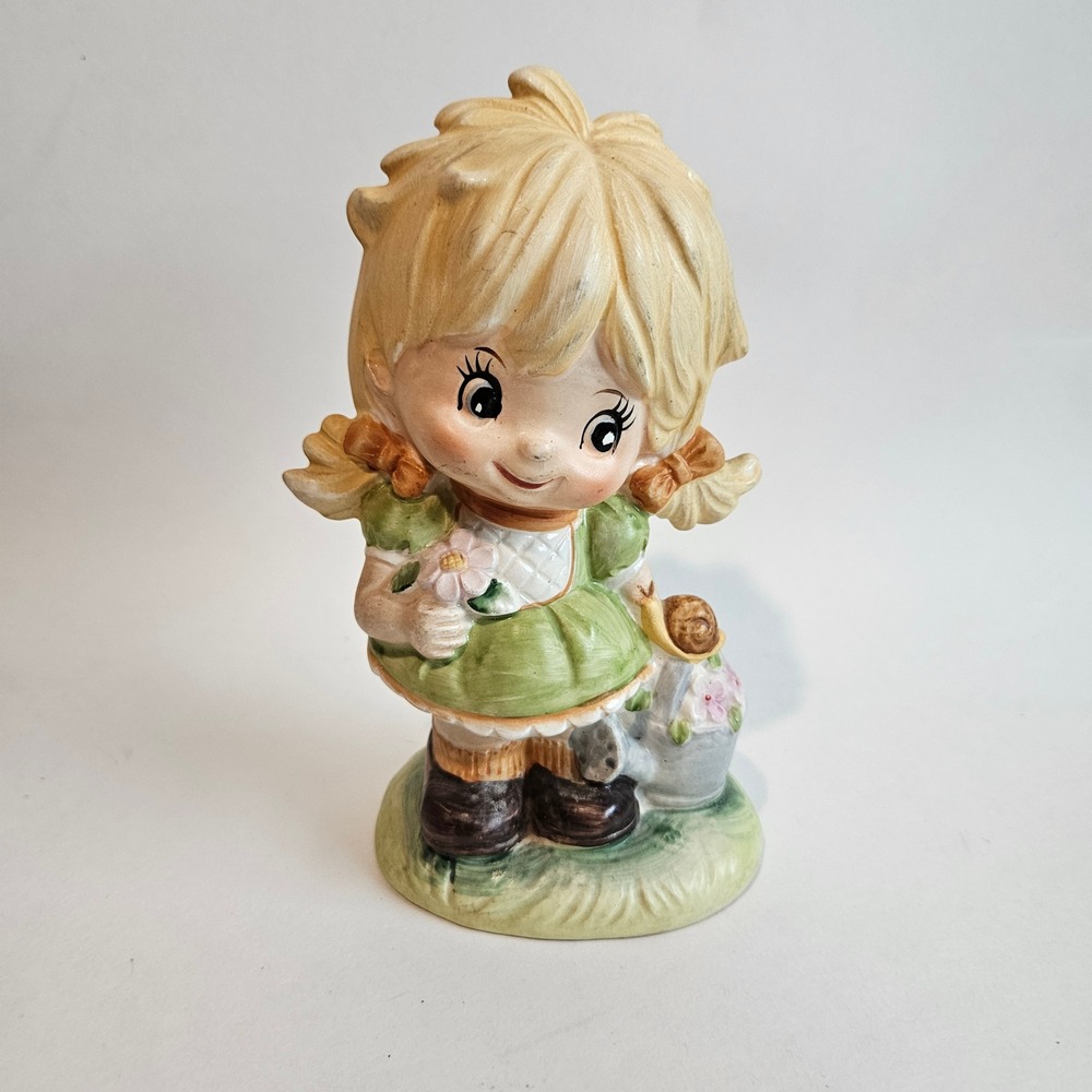 Vintage Inarco Japan Girl with Watering Can Snail Figurine E-6551 Green Dress